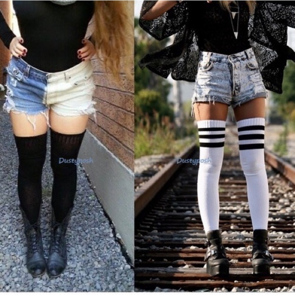 American Apparel Thigh High Socks Over The Knee Long Boot Authentic Black White - Picture 4 of 9